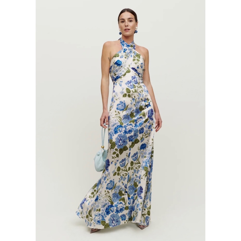 Reformation Silk Blue Floral Halter Maxi Dress NWT